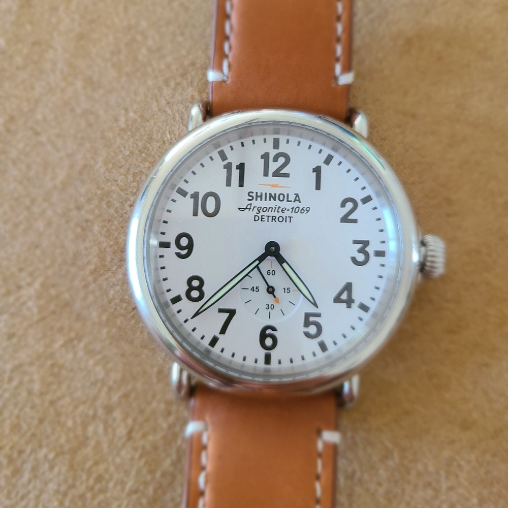 Shinola The Runwell 47mm Silver Stainless Steel Case with Brown Leather Band